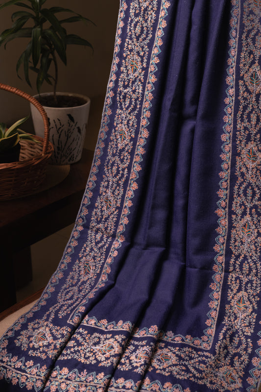 Royal Blue Pashmina shawl with Sozni Embroidey Border