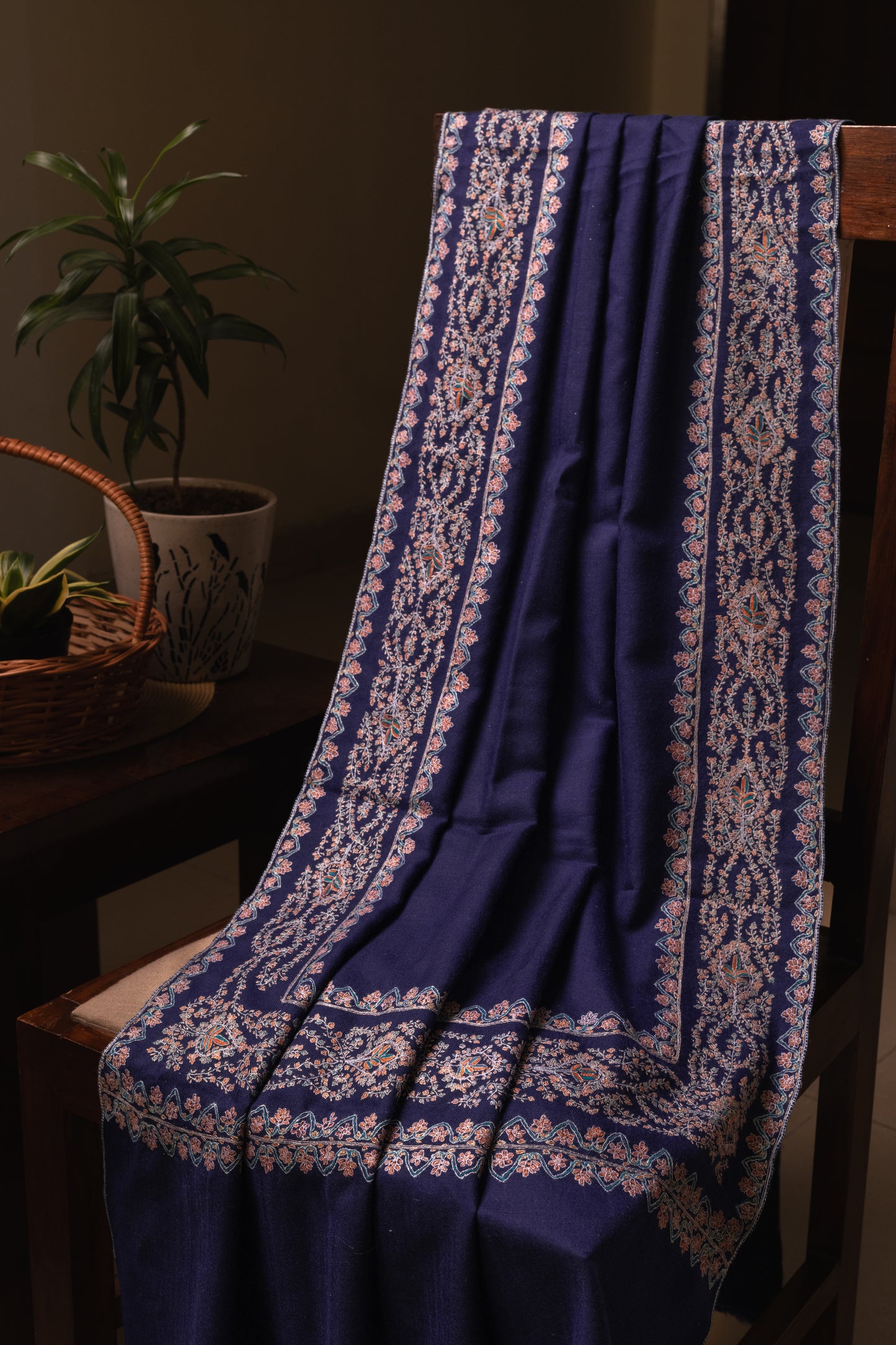 Royal Blue Pashmina shawl with Sozni Embroidey Border