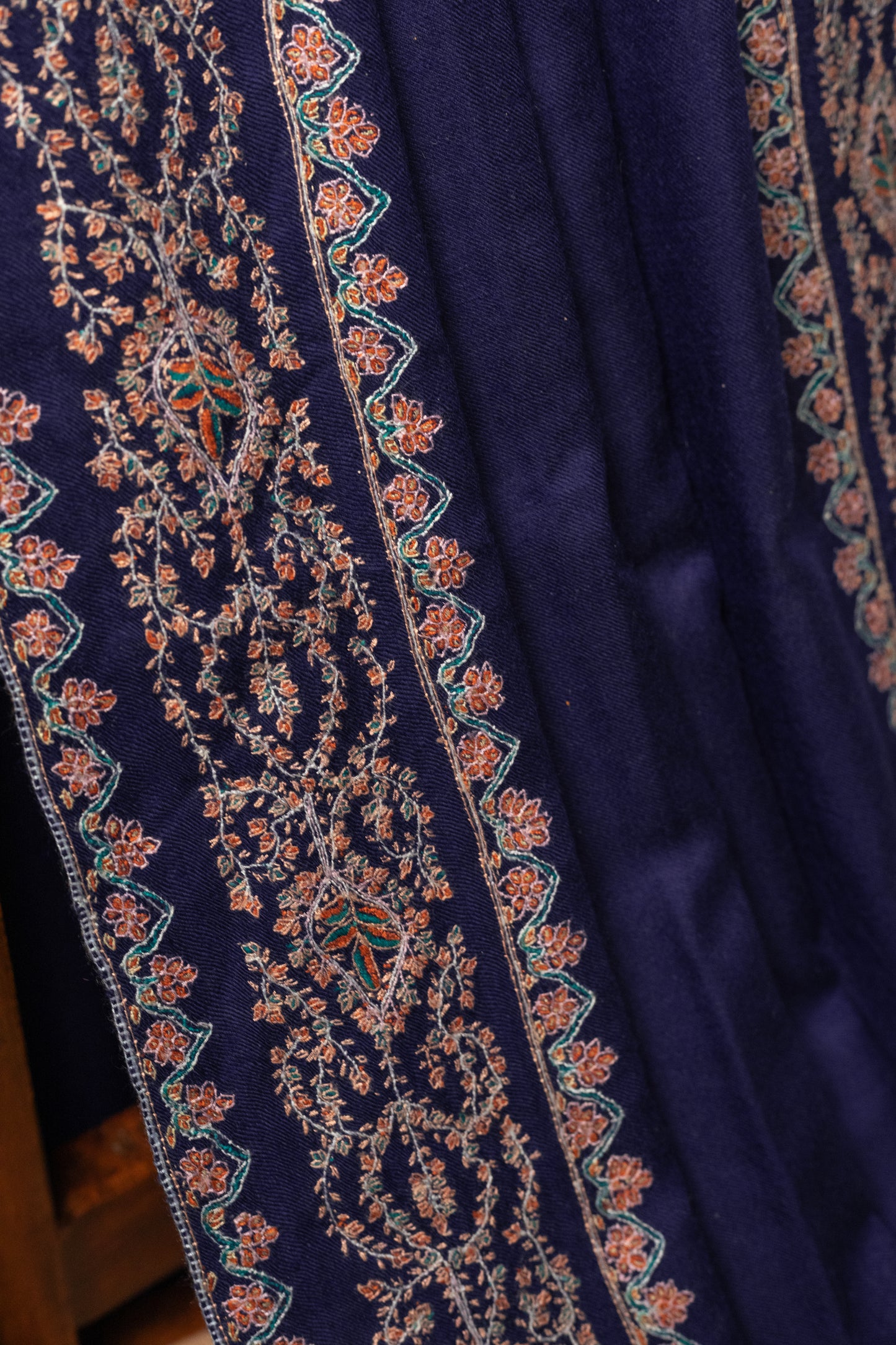 Royal Blue Pashmina shawl with Sozni Embroidey Border