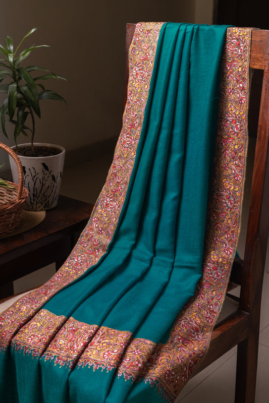 Teal Pashmina shawl with Sozni Embroidery Border