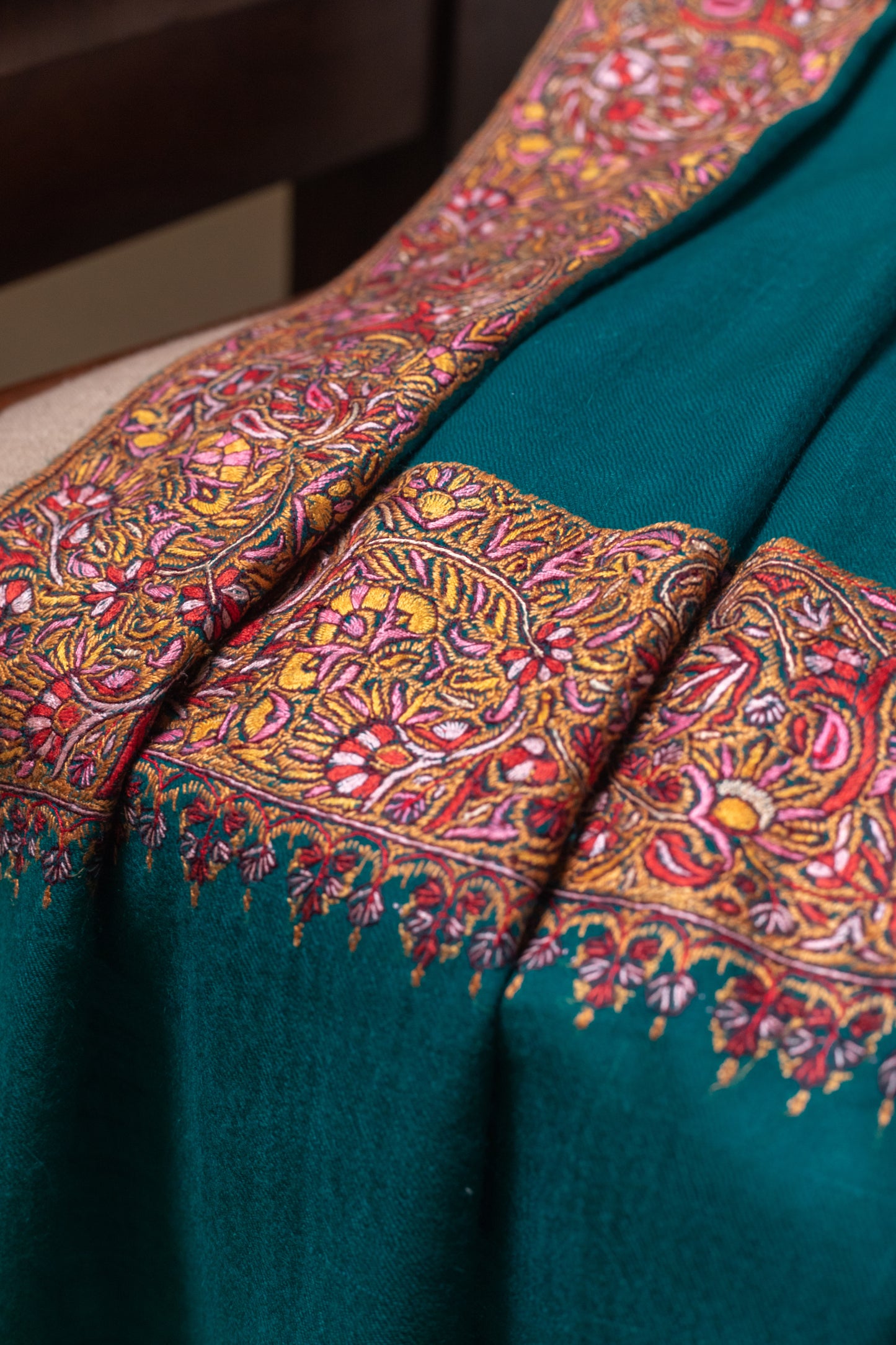 Teal Pashmina shawl with Sozni Embroidery Border