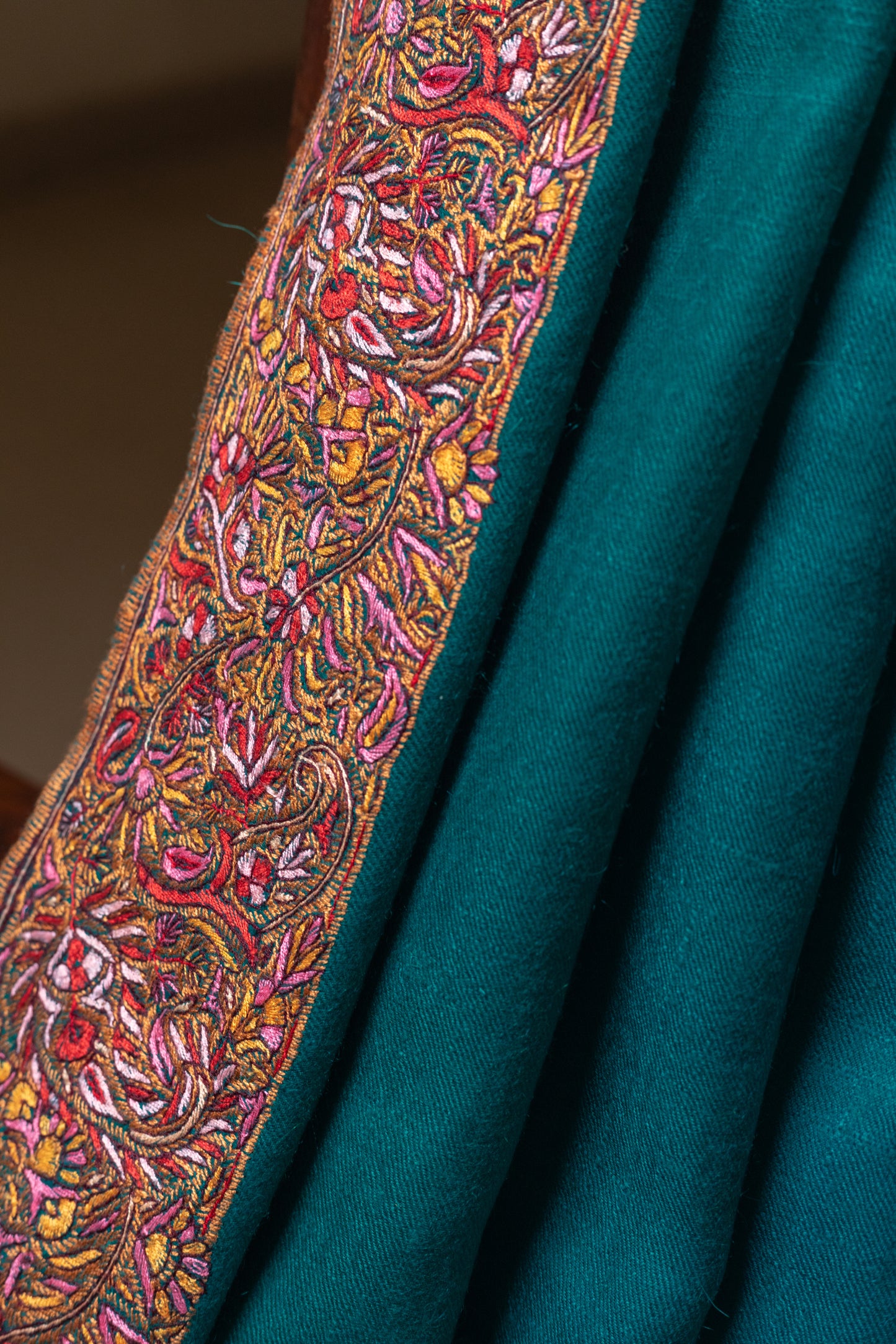 Teal Pashmina shawl with Sozni Embroidery Border