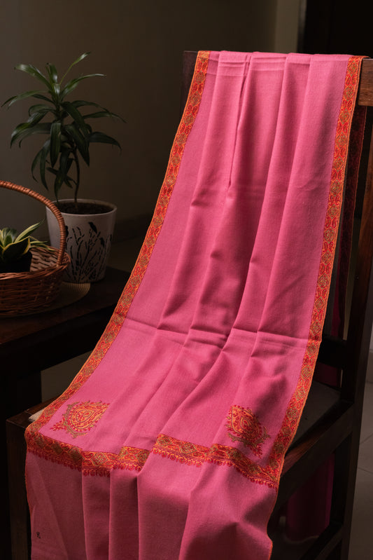 Mauve Pink Pashmina shawl with Sozni Embroidery and Badami Motif