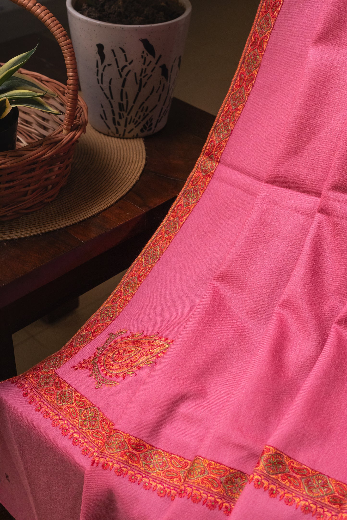 Mauve Pink Pashmina shawl with Sozni Embroidery and Badami Motif