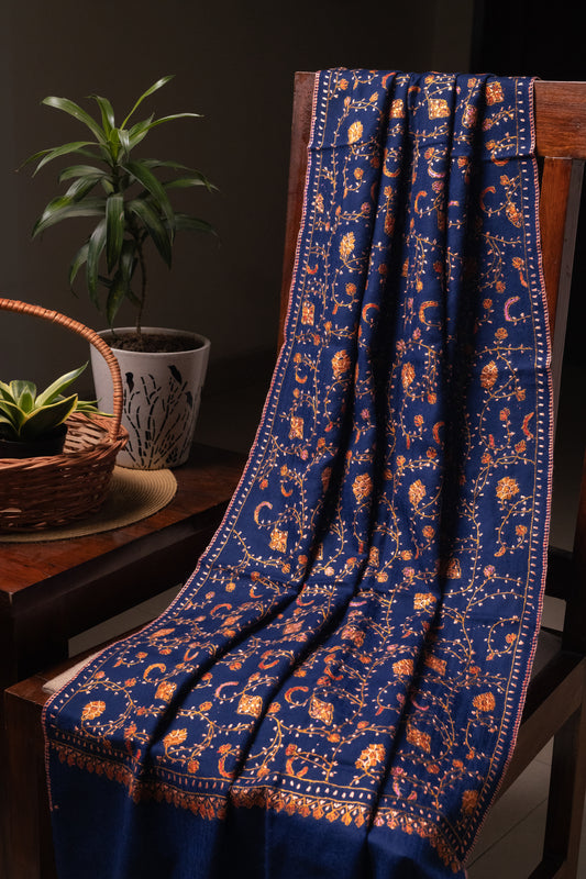 Blue Jaal Semi Pasmina Stole with Sozni Embroidery